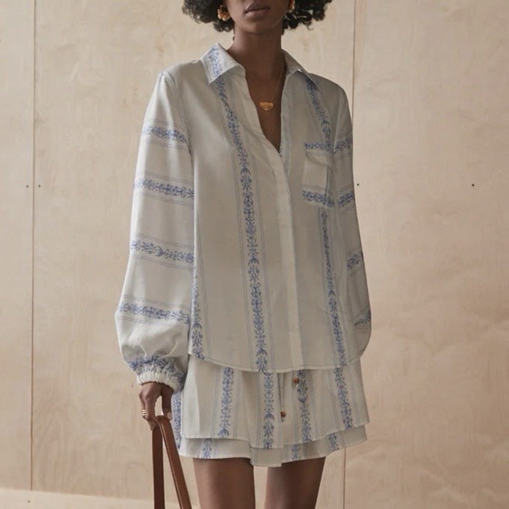 Anthropologie Sancia Valeria Linen Blend Shirt Blouse Blue White XS